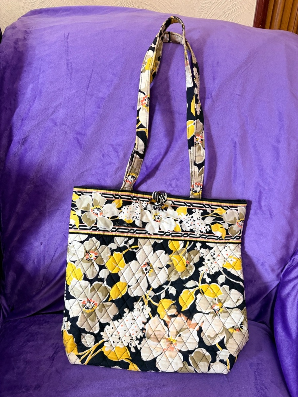 Vera Bradley Retired Dogwood Floral Quilted Tote Bag in Black, Yellow & Cream
